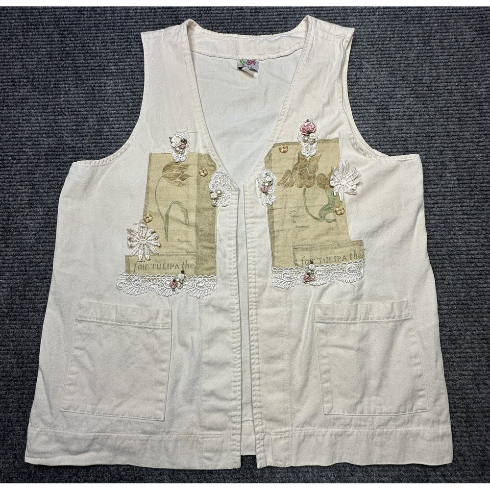 Vintage Cactus Vest Womens XL Beige Floral Embroidered Beaded Lace USA Tulip